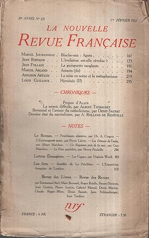 Immagine del venditore per La Nouvelle Revue Franaise Fvrier 1932 N 221 venduto da Librairie Lalibela