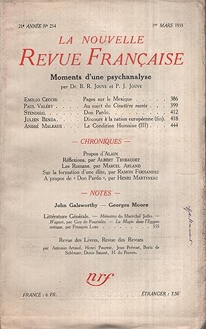 Bild des Verkufers fr La Nouvelle Revue Franaise Mars 1933 N 234 zum Verkauf von Librairie Lalibela