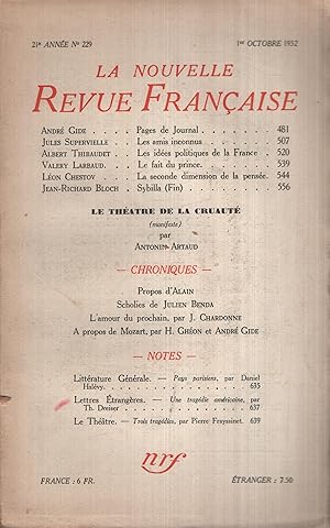 Immagine del venditore per La Nouvelle Revue Franaise Octobre 1932 N 229 venduto da Librairie Lalibela