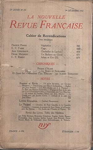 Immagine del venditore per La Nouvelle Revue Franaise Dcembre 1932 N 231 venduto da Librairie Lalibela