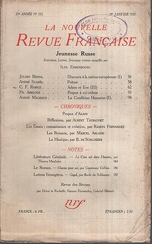 Imagen del vendedor de La Nouvelle Revue Franaise Janvier 1933 N 232 a la venta por Librairie Lalibela