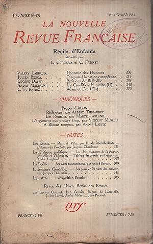 Seller image for La Nouvelle Revue Franaise Fvrier 1933 N 233 for sale by Librairie Lalibela