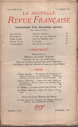 Bild des Verkufers fr La Nouvelle Revue Franaise Juillet 1933 N 238 zum Verkauf von Librairie Lalibela