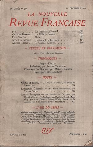 Seller image for La Nouvelle Revue Franaise Dcembre 1933 N 243 for sale by Librairie Lalibela