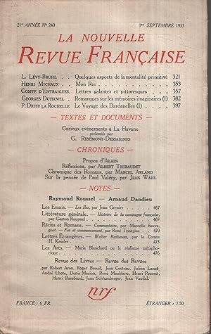 Imagen del vendedor de La Nouvelle Revue Franaise Septembre 1933 N 240 a la venta por Librairie Lalibela