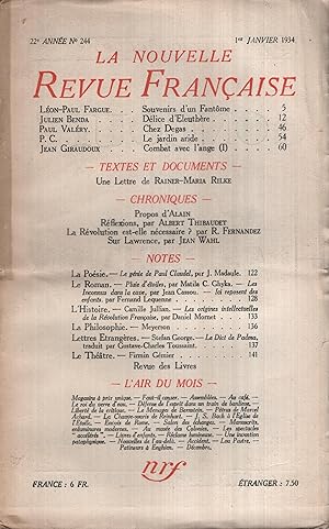 Imagen del vendedor de La Nouvelle Revue Franaise Janvier 1934 N 244 a la venta por Librairie Lalibela