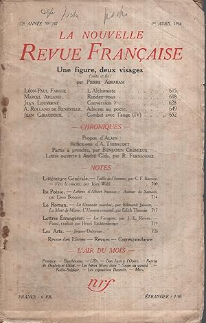 Imagen del vendedor de La Nouvelle Revue Franaise Avril 1934 N 247 a la venta por Librairie Lalibela