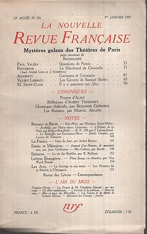 Seller image for La Nouvelle Revue Franaise Janvier 1935 N 256 for sale by Librairie Lalibela