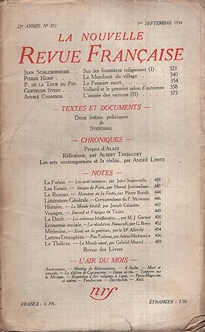 Imagen del vendedor de La Nouvelle Revue Franaise Septembre 1934 N 252 a la venta por Librairie Lalibela