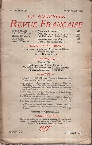 Bild des Verkufers fr La Nouvelle Revue Franaise Novembre 1934 N 254 zum Verkauf von Librairie Lalibela