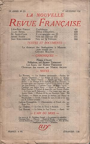 Bild des Verkufers fr La Nouvelle Revue Franaise Dcembre 1934 N 255 zum Verkauf von Librairie Lalibela