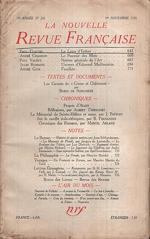 Seller image for La Nouvelle Revue Franaise Novembre 1935 N 266 for sale by Librairie Lalibela