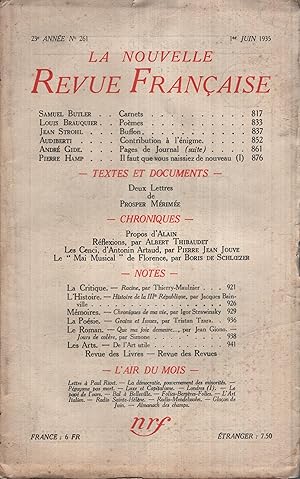 Imagen del vendedor de La Nouvelle Revue Franaise Juin 1935 N 261 a la venta por Librairie Lalibela