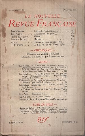 Imagen del vendedor de La Nouvelle Revue Franaise Avril 1936 N 271 a la venta por Librairie Lalibela