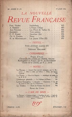 Imagen del vendedor de La Nouvelle Revue Franaise Juin 1936 N 273 a la venta por Librairie Lalibela