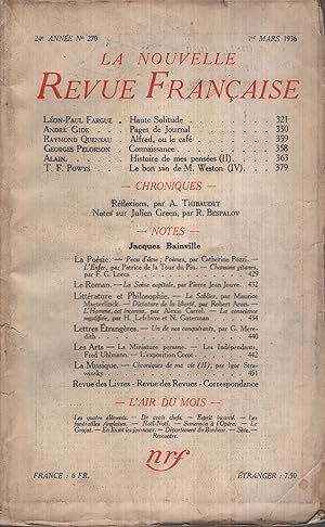 Immagine del venditore per La Nouvelle Revue Franaise Mars 1936 N 270 venduto da Librairie Lalibela