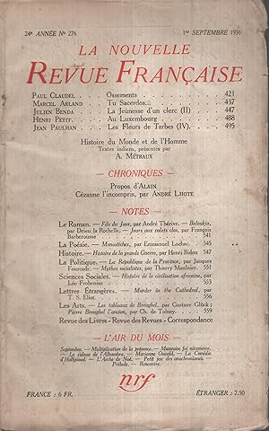 Seller image for La Nouvelle Revue Franaise Septembre 1936 N 276 for sale by Librairie Lalibela