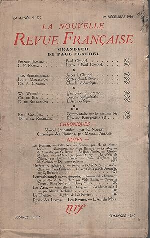 Immagine del venditore per La Nouvelle Revue Franaise Dcembre 1936 N 279 venduto da Librairie Lalibela