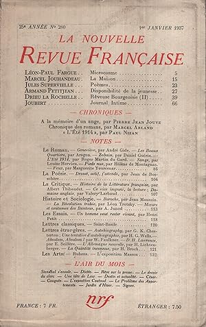 Imagen del vendedor de La Nouvelle Revue Franaise Janvier 1937 N 280 a la venta por Librairie Lalibela