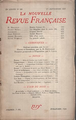 Seller image for La Nouvelle Revue Franaise Septembre 1937 N 288 for sale by Librairie Lalibela