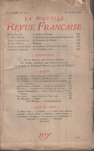 Immagine del venditore per La Nouvelle Revue Franaise Mars 1938 N 294 venduto da Librairie Lalibela