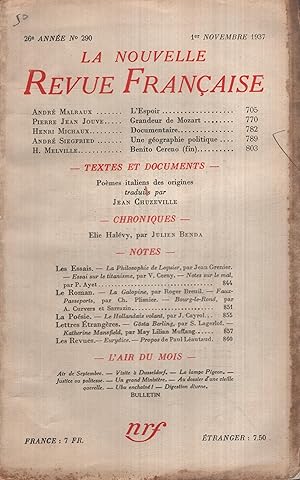 Image du vendeur pour La Nouvelle Revue Franaise Novembre 1937 N 290 mis en vente par Librairie Lalibela