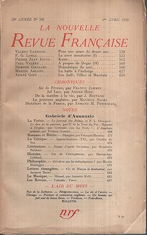 Imagen del vendedor de La Nouvelle Revue Franaise Avril 1938 N 295 a la venta por Librairie Lalibela