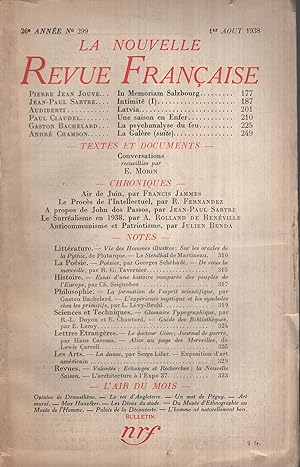 Bild des Verkufers fr La Nouvelle Revue Franaise Aot 1938 N 299 zum Verkauf von Librairie Lalibela