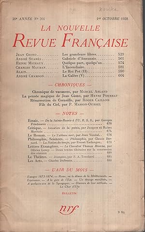 Seller image for La Nouvelle Revue Franaise Octobre 1938 N 301 for sale by Librairie Lalibela