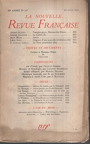 Imagen del vendedor de La Nouvelle Revue Franaise Juin 1938 N 297 a la venta por Librairie Lalibela
