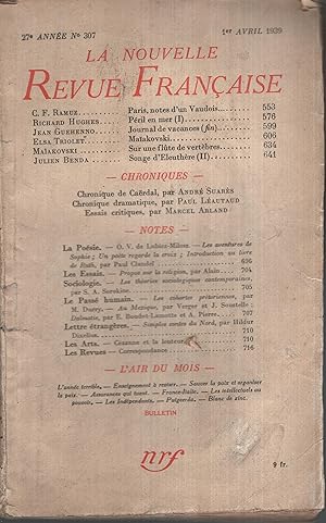 Immagine del venditore per La Nouvelle Revue Franaise Avril 1939 N 307 venduto da Librairie Lalibela