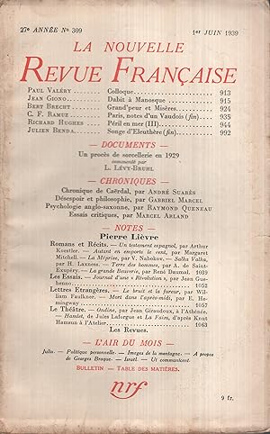Imagen del vendedor de La Nouvelle Revue Franaise Juin 1939 N 309 a la venta por Librairie Lalibela