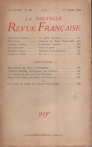 Bild des Verkufers fr La Nouvelle Revue Franaise Mars 1943 N 349 zum Verkauf von Librairie Lalibela