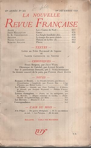 Seller image for La Nouvelle Revue Franaise Dcembre 1939 N 315 for sale by Librairie Lalibela