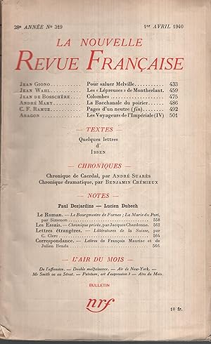 Image du vendeur pour La Nouvelle Revue Franaise Avril 1940 N 319 mis en vente par Librairie Lalibela