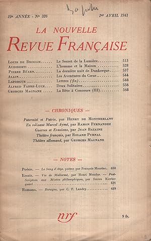 Imagen del vendedor de La Nouvelle Revue Franaise Avril 1941 N 326 a la venta por Librairie Lalibela