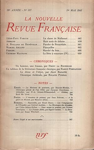 Image du vendeur pour La Nouvelle Revue Franaise Mai 1941 N 327 mis en vente par Librairie Lalibela