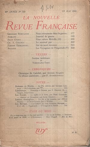 Bild des Verkufers fr La Nouvelle Revue Franaise Mai 1940 N 320 zum Verkauf von Librairie Lalibela