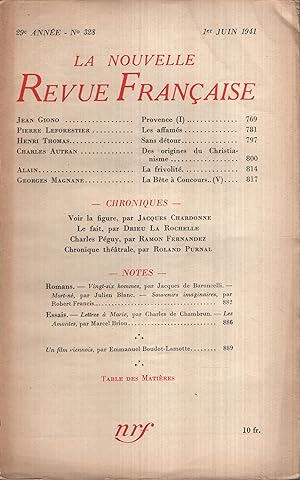 Imagen del vendedor de La Nouvelle Revue Franaise Juin 1941 N 328 a la venta por Librairie Lalibela