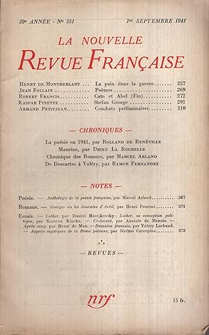 Seller image for La Nouvelle Revue Franaise Septembre 1941 N 331 for sale by Librairie Lalibela