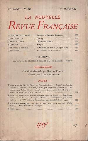 Seller image for La Nouvelle Revue Franaise Mars 1942 N 337 for sale by Librairie Lalibela