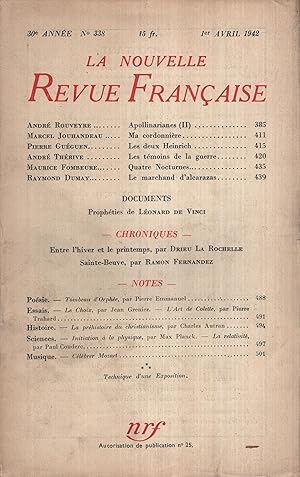 Image du vendeur pour La Nouvelle Revue Franaise Avril 1942 N 338 mis en vente par Librairie Lalibela