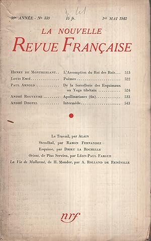 Imagen del vendedor de La Nouvelle Revue Franaise Mai 1942 N 339 a la venta por Librairie Lalibela