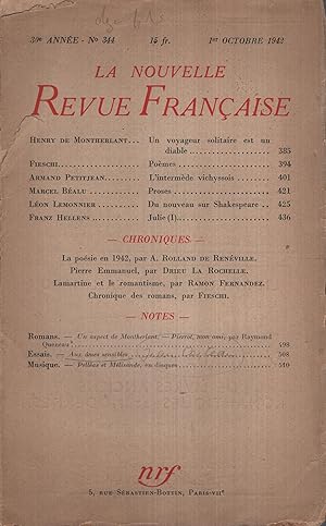 Imagen del vendedor de La Nouvelle Revue Franaise Octobre 1942 N 344 a la venta por Librairie Lalibela