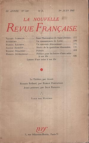 Bild des Verkufers fr La Nouvelle Revue Franaise Juin 1942 N 340 zum Verkauf von Librairie Lalibela