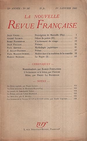 Imagen del vendedor de La Nouvelle Revue Franaise Janvier 1943 N 347 a la venta por Librairie Lalibela