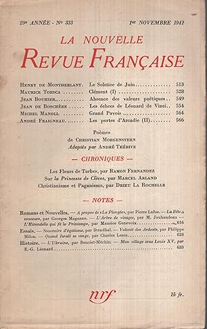 Imagen del vendedor de La Nouvelle Revue Franaise Novembre 1941 N 333 a la venta por Librairie Lalibela