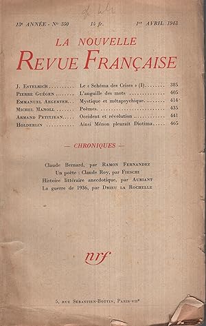 Bild des Verkufers fr La Nouvelle Revue Franaise Avril 1943 N 350 zum Verkauf von Librairie Lalibela