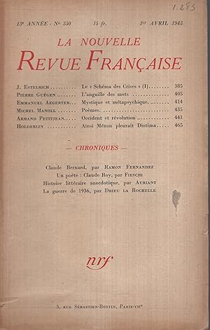 Imagen del vendedor de La Nouvelle Revue Franaise Avril 1943 N 350 a la venta por Librairie Lalibela