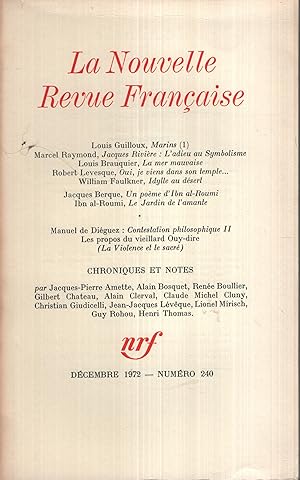 Imagen del vendedor de La Nouvelle Revue Franaise Dcembre 1972 N 240 a la venta por Librairie Lalibela